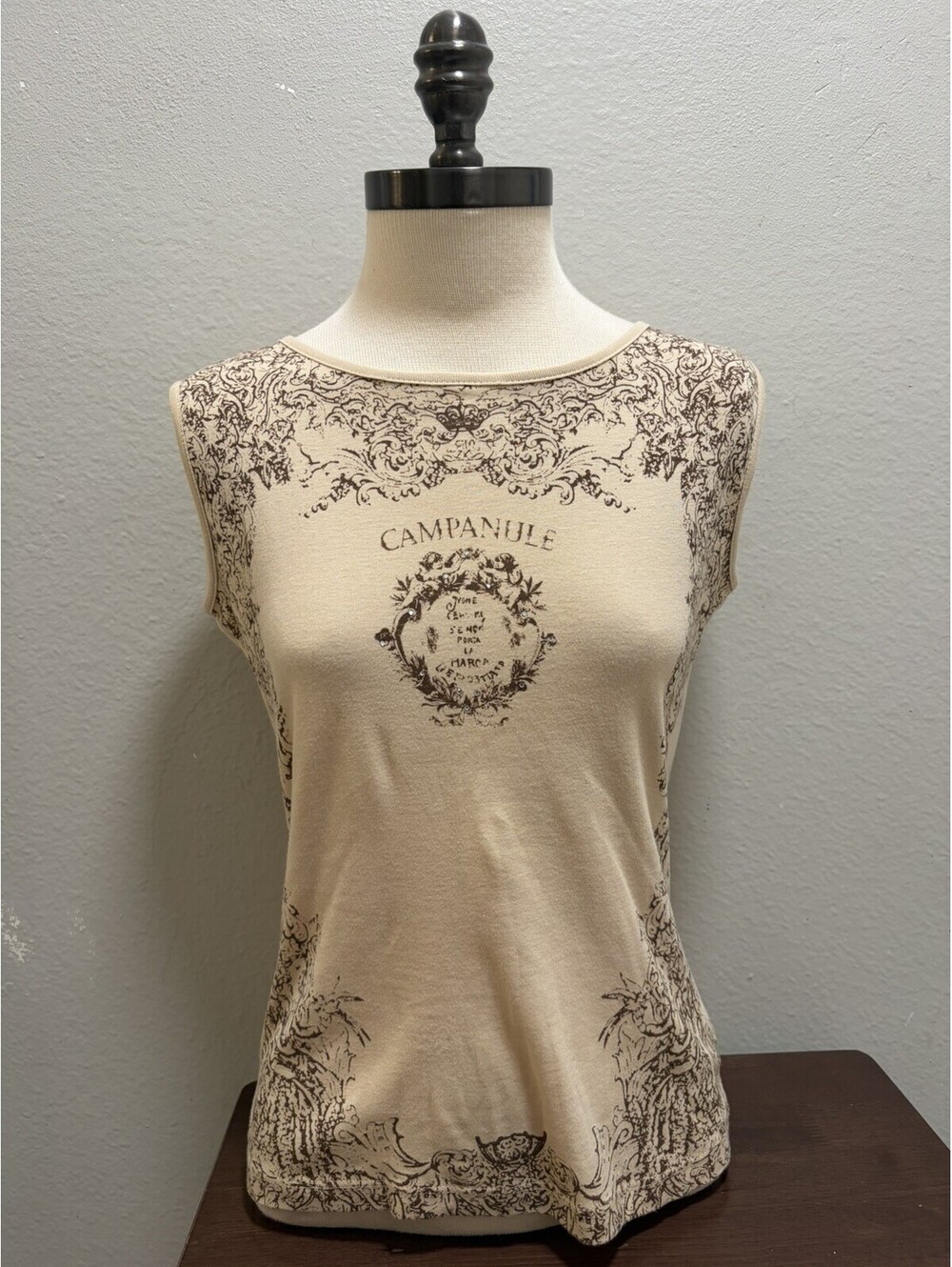 VTG Charlotte Russe Tan Graphic Sleeveless Top Sz M Y2K